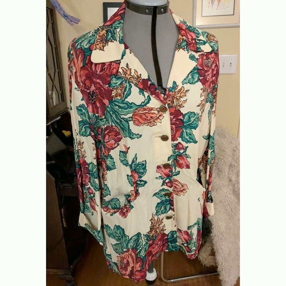 Vintage Carole Little Cabbage Rose Cottage Core Tunic Jacket Duster w/pockets 14